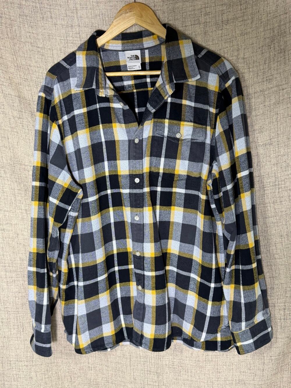 The North Face Flannel Shirt Men's XL Black Yellow Plaid Long Sleeve Button Down